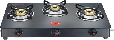 Prestige Magic+ Series 3 Burner Glasstop Power Coated Black Body With Brass Burners Glass Manual Gas Stove(3 Burners)