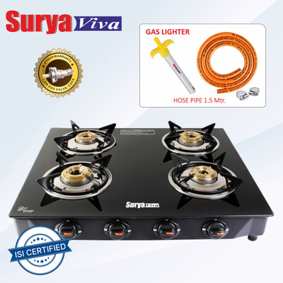 SURYAVIVA Nano 4B (Hose pipe+Lighter) Toughened Glass Manual Gas Stove(4 Burners)