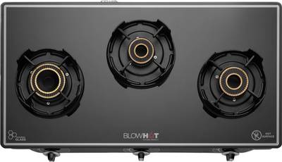 Blowhot Emerald Heavy Tornado Brass 3 Burner Toughened Glass Top 1 Year General Warranty Glass, Cast Iron Automatic Gas Stove