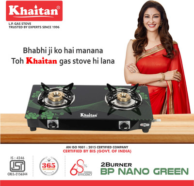 Khaitan 2 Burner BP-Nano Green Digital Glass Manual Gas Stove(2 Burners)