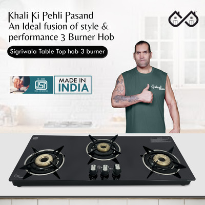 Sigri-wala Surya Primecook 3 Burner Hobtop Black Glass Manual Hob(3 Burners)