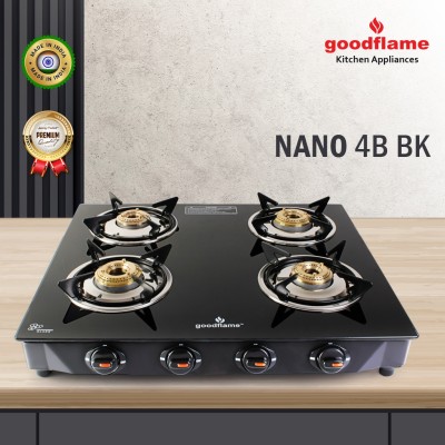 goodflame Nano Plus 4B BK Toughened Glass 4 Brass Burner Gas Stove(Manual ignition,Black) Glass Manual Gas Stove(4 Burners)