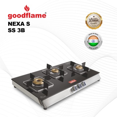 goodflame byGOOD FLAME Nexa{S} 3B SS Toughened Glass 3 Brass Burner Gas Stove(Manual ignition,Black) Glass Manual Gas Stove(3 Burners)