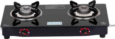 cello GEM 2 Burner Black Manual Ignition Glass Top Gas Stove,(ISI Certified) Glass Manual Gas Stove