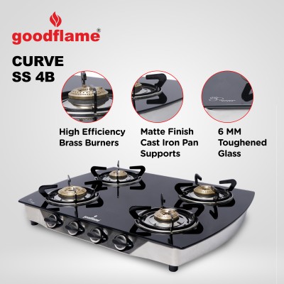 goodflame Curve 4B SS BK Toughened Glass 4 Brass Burner Gas Stove(Manual Ignition) Glass Manual Gas Stove(4 Burners)