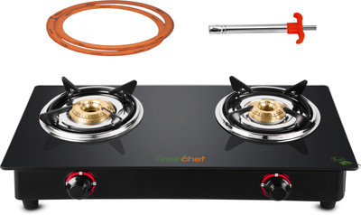 Greenchef Ebony Pro 2BR ( Hose Pipe + Lighter ) Glass Manual Gas Stove(2 Burners)