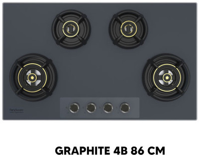 Hindware Graphite 4B 86 cm Hob with Elegant Grey Metallic Knobs |Flame Gaurd Pan Supports Glass Automatic Hob(4 Burners)