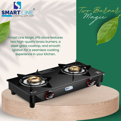 SMART LINE Magic ISI Marked Glass 2 Burner LPG Cooktop, One Year Warranty Iron Manual Gas Stove(2 Burners)