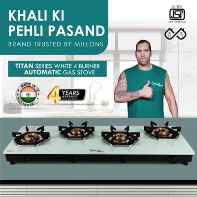 Sigri-wala Series HexFire White Auto 4 Burner Gas Stove Glass Automatic Gas Stove(4 Burners)