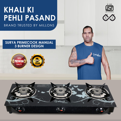 Sigri-wala Cute DLX 3B Toughened Glass Tornado Burner(Bk) Glass Stove Glass Manual Gas Stove(3 Burners)