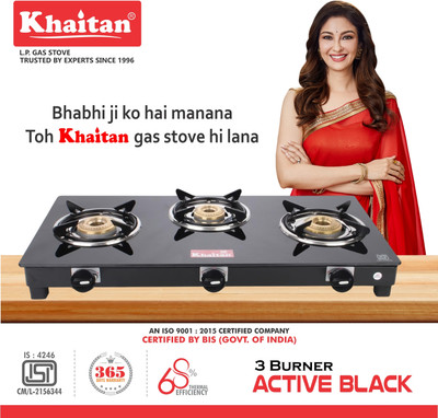 Khaitan 3 Burner Active Black Glass Manual Gas Stove(3 Burners)