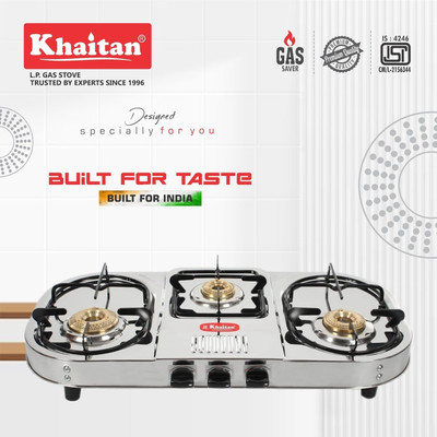 Khaitan 3 Burner Draw Double Decker (with party cooking burner) Stainless Steel Manual Gas Stove(3 Burners)
