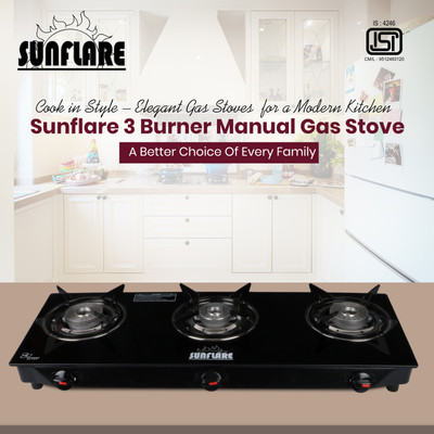 Sunflare Cute 3B Bk Toughened Glass Tornado Burner Glass Manual Gas Stove Glass Manual Gas Stove(3 Burners)