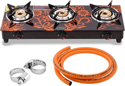 Fogger Acura MF cooktop with Hose Pipe Glass, Stainless Steel Manual Gas Stove(3 Burners)