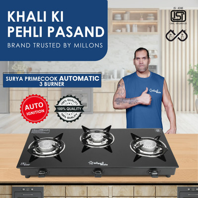 Sigri-wala Primecook Automatic Trio Glass Automatic Gas Stove(3 Burners)