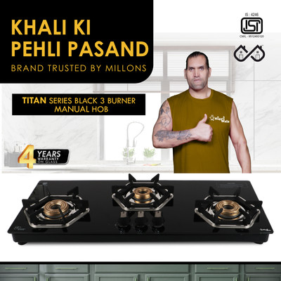 Sigri-wala Titan Series HexFire Table Top Hob 3 Burner Hobtop Stove Glass Manual Hob(3 Burners)
