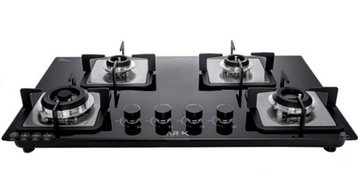 Arik Aldo (Built-In Glass Hob) Brass Burners with Black Coating, Metal Knob Toughened Glass Automatic Gas Stove(4 Burners)