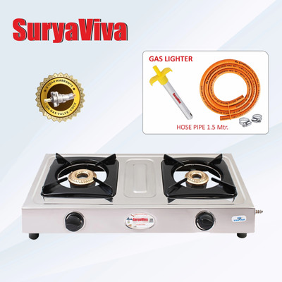 SURYAVIVA NEO 2B SS(Hose Pipe + Lighter) 2 Cast Iron (Silver) Stainless Steel Manual Gas Stove(2 Burners)
