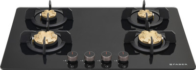 FABER PRIME HT784 CRS BR CI AI |Metal Knobs| Cast Iron Pan Support | brass burner | Glass Automatic Hob(4 Burners)