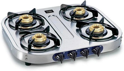 Glen LPG Stainless Steel Gas Stoves 4 Burner | Brass Burners | 360° Nozzle Stainless Steel Manual Gas Stove(4 Burners)