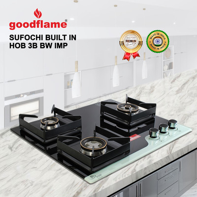 goodflame Sufochi Built in Hob 3 Burner Imp. Burner BW Glass Automatic Built in Hob Glass Automatic Hob(3 Burners)