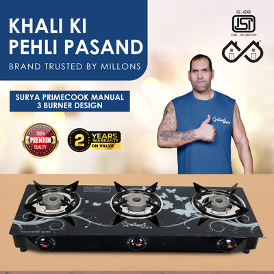 Sigri-wala Surya Primecook Manual Cute Design Toughened Glass Gas Stove Stainless Steel Manual Gas Stove(3 Burners)