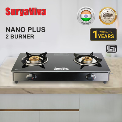 SURYAVIVA Nano Plus 2B BK Toughened Glass 2 Cast Iron Burner Gas Stove(Manual,Black) Glass Manual Gas Stove(2 Burners)