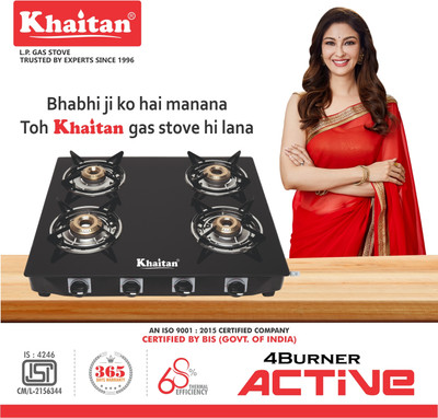 Khaitan 4 Burner Active Forged Black Toughened Glass Manual Gas Stove(4 Burners)