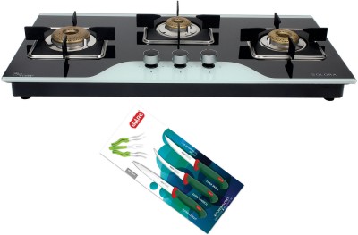 Solora Alpha LP Gas Stove SHTA-03 with Complimentary 3 Pcs Knife set Worth Rs.415/-. Glass Automatic Gas Stove(3 Burners)