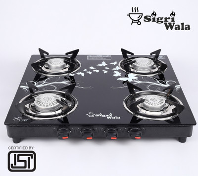 Sigri-wala Surya ISI Certified Toughened Door Step WarrantyTornado Stainless Steel, Glass Manual Gas Stove(4 Burners)