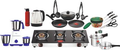 Pigeon Family Kitchen Set with Mixer, Cookware Set, Kettle, Water bottle, Cooker Set, Glass Manual Gas Stove