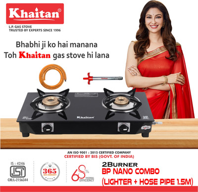 Khaitan Gas Stove Combo - 2B Nano + 1 HF Lighter + 1 HF Hose pipe Glass Manual Gas Stove(2 Burners)