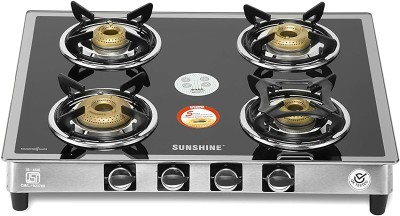 SUNSHINE Silver 4 Burner Gas Stove Glass, Stainless Steel Automatic Gas Stove(4 Burners)