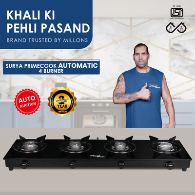 Sigri-wala Surya Primecook Automatic Plain STL Glass Automatic Gas Stove(4 Burners)