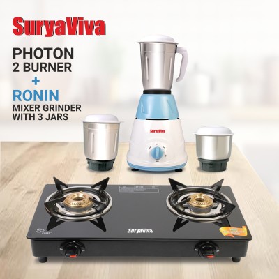 SURYAVIVA Photon 2B Combo mixer ronin 3 jar 500 watt Glass Manual Gas Stove(2 Burners)