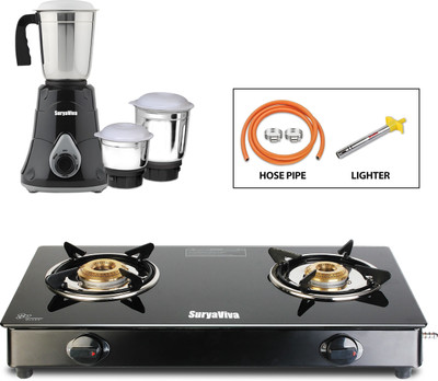 SURYAVIVA Nano Plus 2B Gas Stove + Victo 750W Mixer Grinder + Hose Pipe & Lighter Combo Glass Manual Gas Stove(2 Burners)