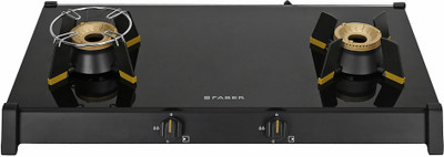 FABER 2 Burner Liftable Burner Round Pan Support Black ABS Knobs Cooktop Glass Manual Gas Stove(2 Burners)