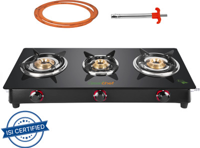 Greenchef Ebony Pro 3BR ( Hose Pipe + Lighter ) Glass Manual Gas Stove(3 Burners)