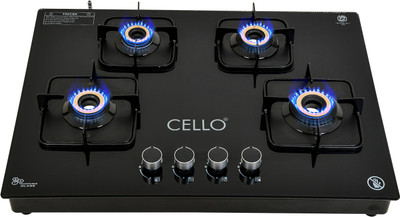 CELLO Crysta Manual Ignition Hob Top 8 MM Black Glass Manual Gas Stove(4 Burners)