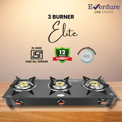 Everdure 3 Burner Elite Plus | Cast Iron Burner | Toughened Glass Manual Gas Stove(3 Burners)