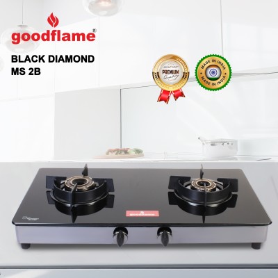 goodflame Black Diamond 2B MS BK Toughened Glass 2 Imported Burner Gas Stove Glass Manual Gas Stove(2 Burners)