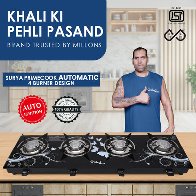 Sigri-wala Surya Primecook Automatic Design STL Toughened Glass Gas Stove Glass Automatic Gas Stove(4 Burners)