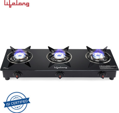 Lifelong LLGS930 Glass Top 3 (ISI Certified,1 Year Warranty with Doorstep Service) Glass Manual Gas Stove(3 Burners)