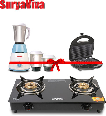 SURYAVIVA Photon 2B Combo mixer ronin 3 jar 500 watt+ Grill Sandwich Glass Manual Gas Stove(2 Burners)