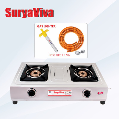 SURYAVIVA SUPER 2B SS(Hose Pipe + Lighter) Gas (silver) Stainless Steel Manual Gas Stove(2 Burners)