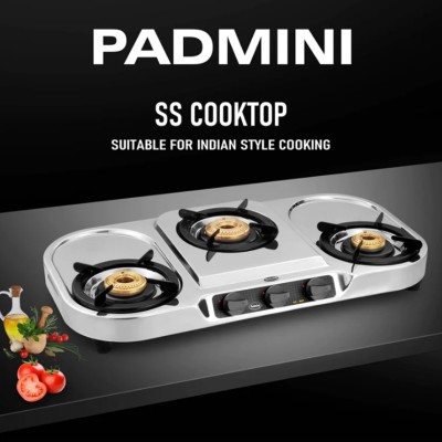 PADMINI PADMINI CS-307 HF, 3 BURNER SS Gas stove, 3 BRASS Burner Stainless Steel Body Stainless Steel Manual Gas Stove(3 Burners)