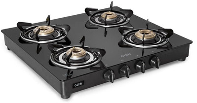 Glen Crystal LPG Gas Stove 4 Burner Toughened Glass Top Black Glass Manual Gas Stove(4 Burners)