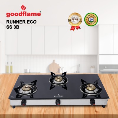 goodflame Max Eco 3B SS Bk Toughened Glass 3 Brass Burner Gas Stove ISI Certified Glass Manual Gas Stove(3 Burners)