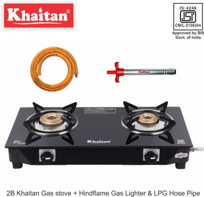 Khaitan Gas Stove Combo - 2B Nano + 1 Ligher + 1 Hose pipe Glass Manual Gas Stove(2 Burners)