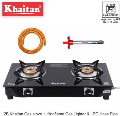 Khaitan Gas Stove Combo - 2B Nano + 1 Ligher + 1 Hose pipe Glass Manual Gas Stove(2 Burners)